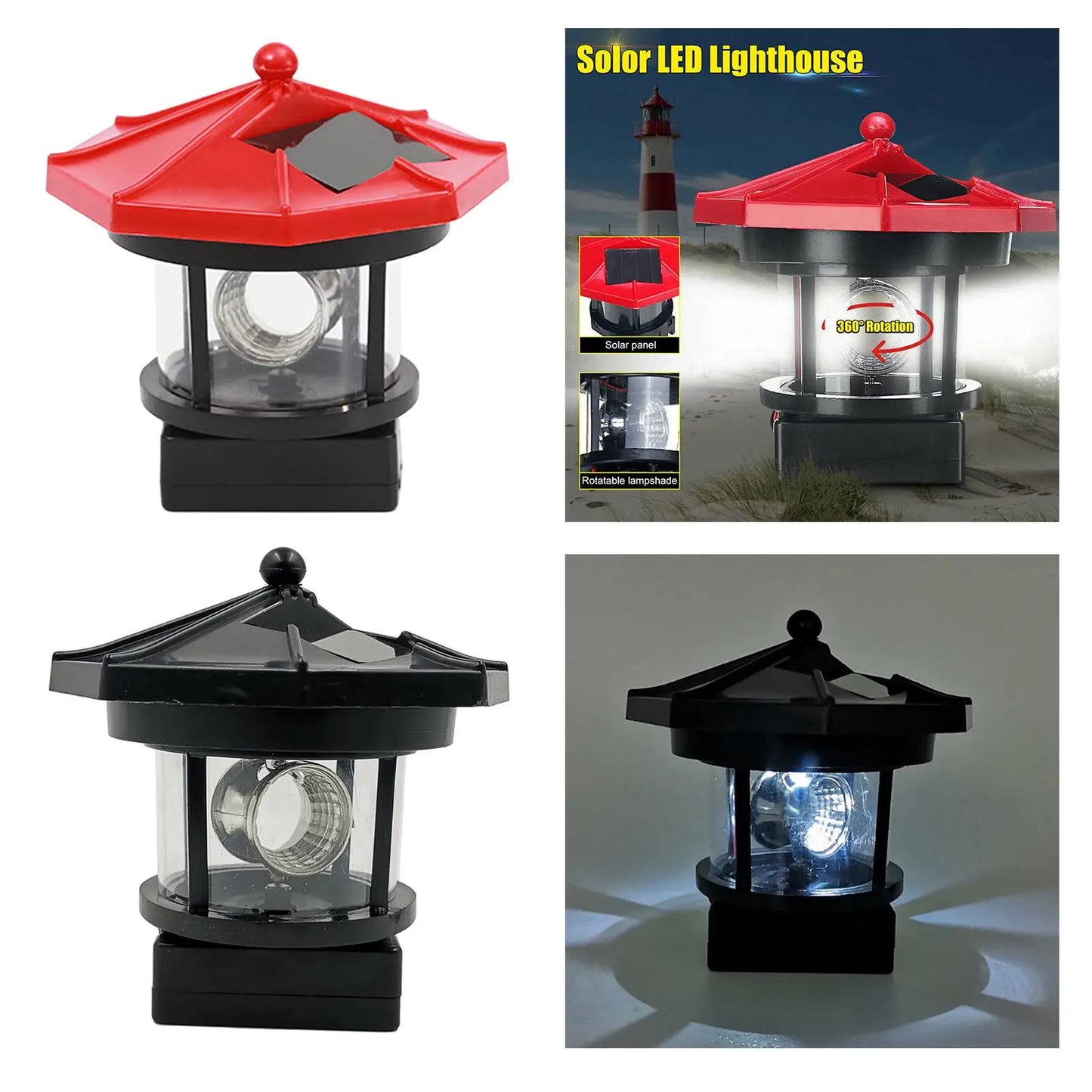 Solar Powered Lighthouse, 360 Degree Rotating Lamp, Outdoor Waterproof Lighthouse Garden