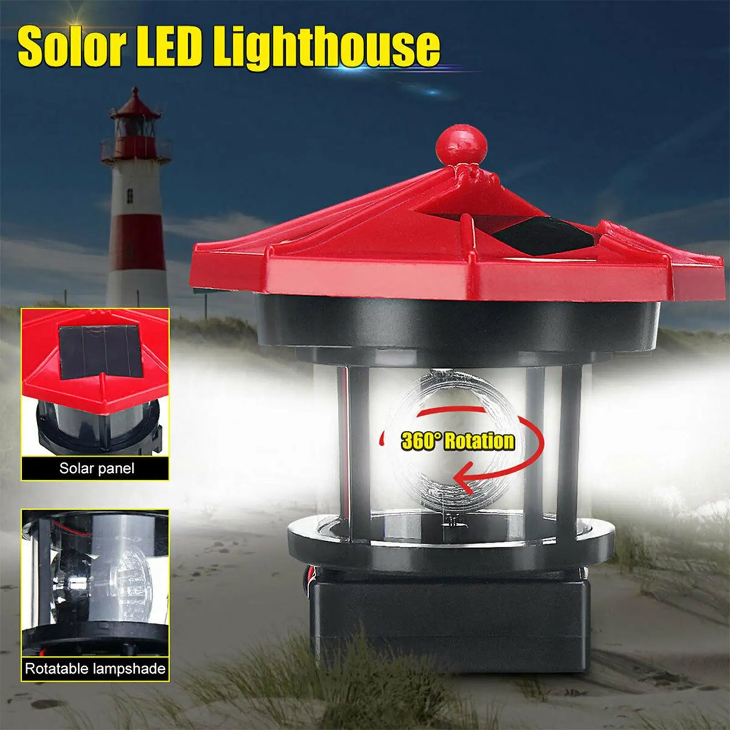 Solar Powered Lighthouse, 360 Degree Rotating Lamp, Outdoor Waterproof Lighthouse Garden