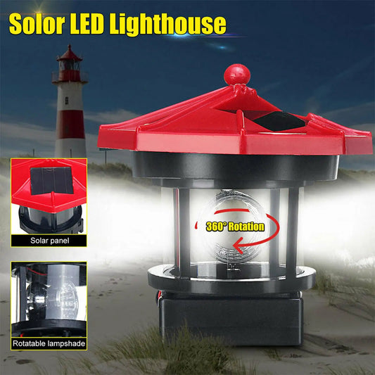 Solar Powered Lighthouse, 360 Degree Rotating Lamp, Outdoor Waterproof Lighthouse Garden