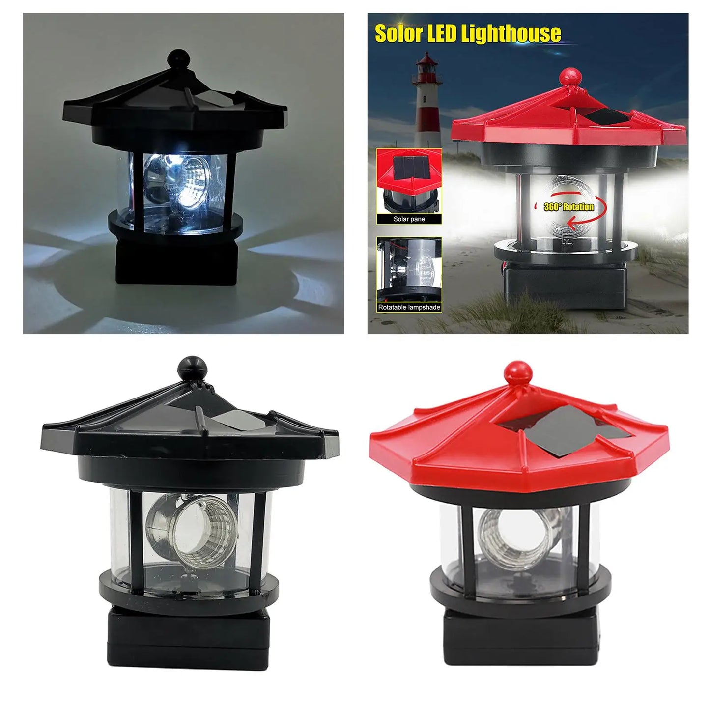 Solar Powered Lighthouse, 360 Degree Rotating Lamp, Outdoor Waterproof Lighthouse Garden