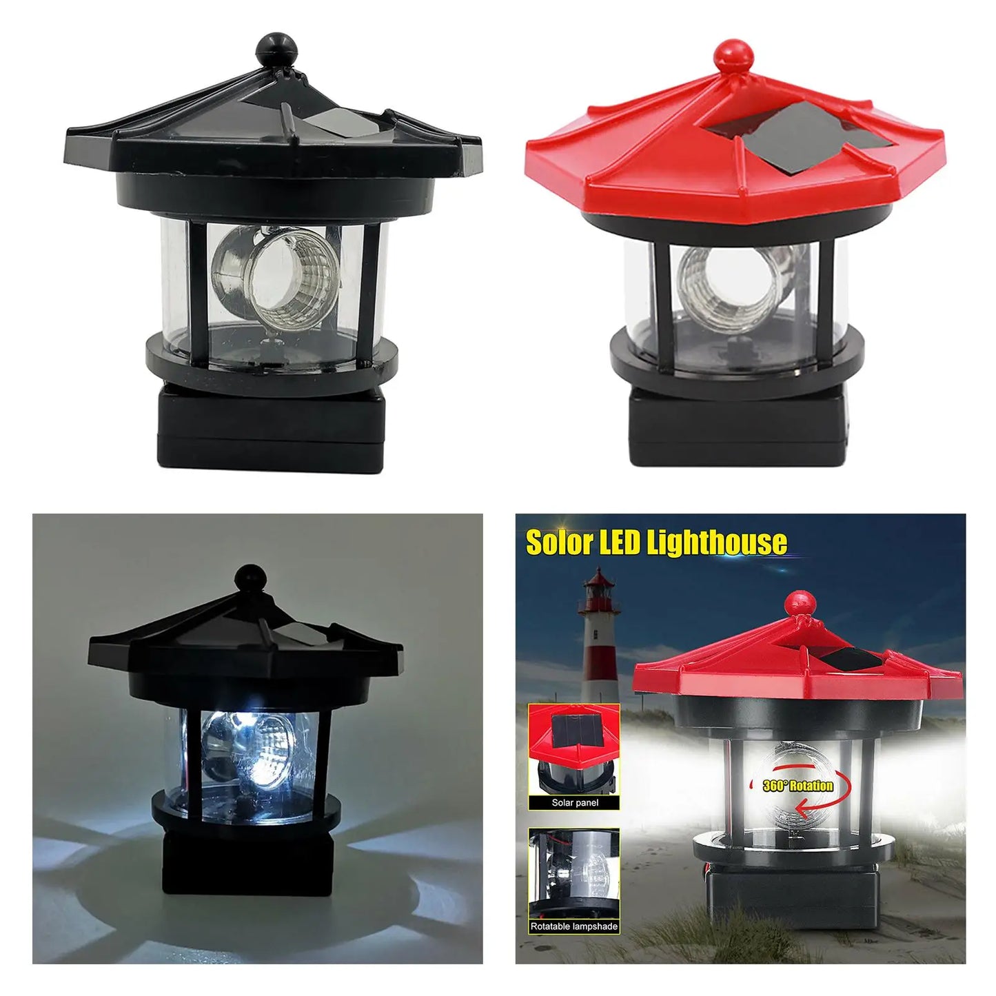 Solar Powered Lighthouse, 360 Degree Rotating Lamp, Outdoor Waterproof Lighthouse Garden